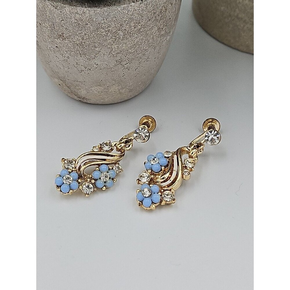 Vintage Rhinestone Bead Flower Drop Screw Back Goldtone Earrings Light Blue